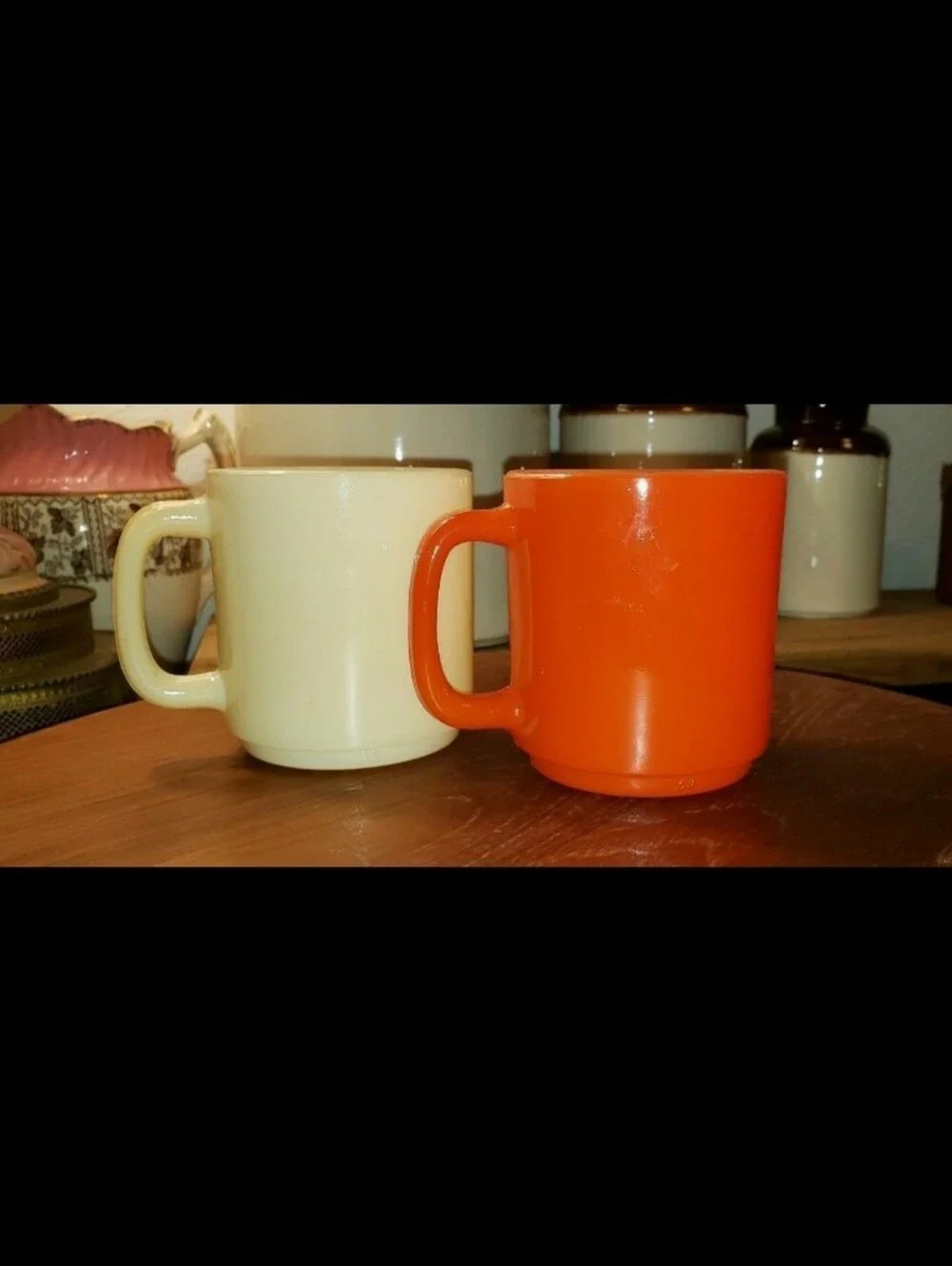 Glasbake Mugs, Set Of Two (2)Orangish-Red & Ivory